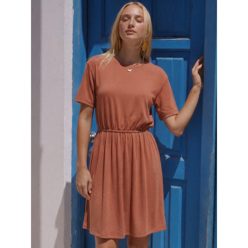 Old Navy Linen-Blend Short Sleeve Waist-Defined Dress Medium Terracotta Preloved